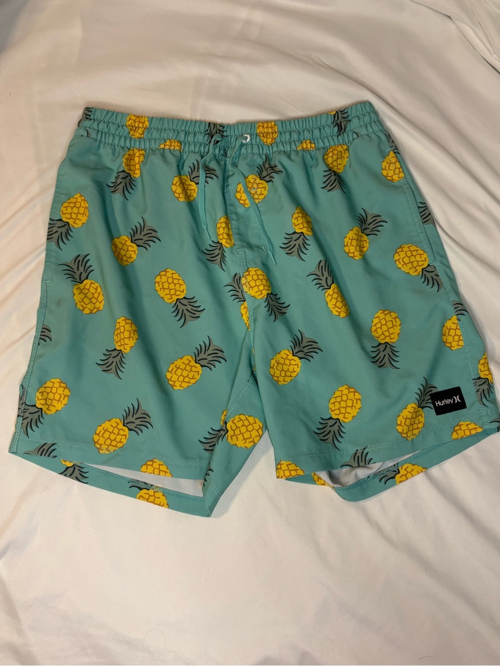 Hurley Teal Swim Trunks with Yellow Pineapple Motif